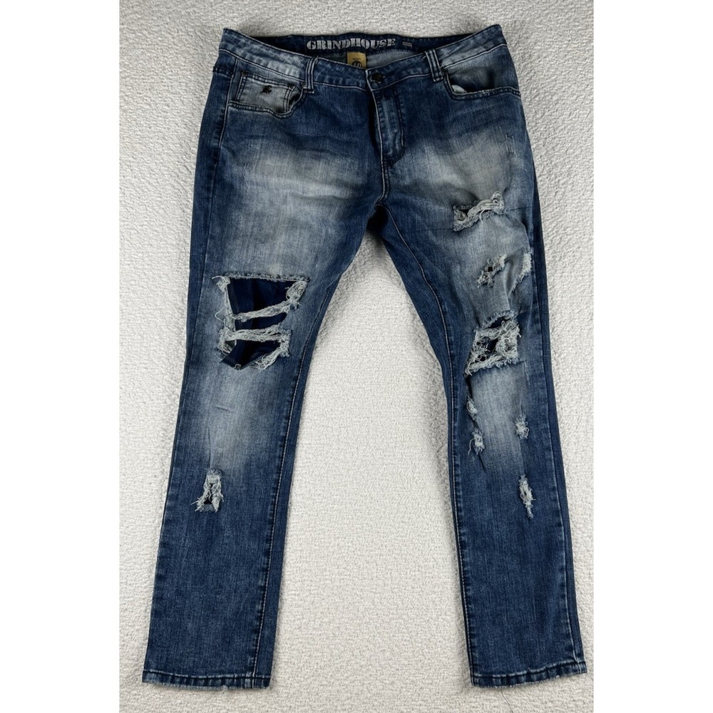 Grindhouse Jeans Size 40 x 32 Blue‎ Stretch Denim Distressed Streetwear